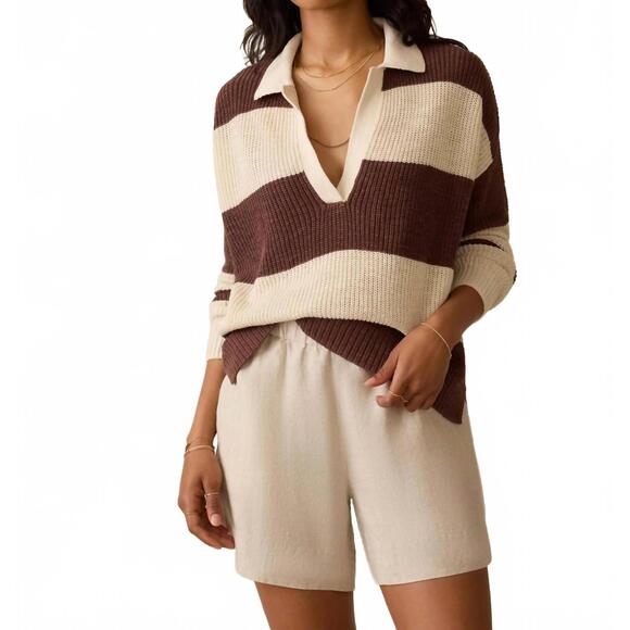 FAHERTY Tops - NEW FAHERTY miramar linen polo sweater in cocoa rugby stripe
